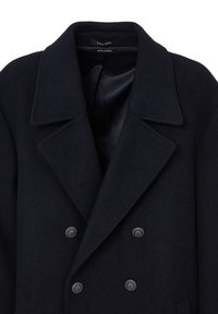 Peacoat blu navy in misto lana con design doppiopetto, grandi revers a punta e tessuto testurizzato con bottoni decorativi.