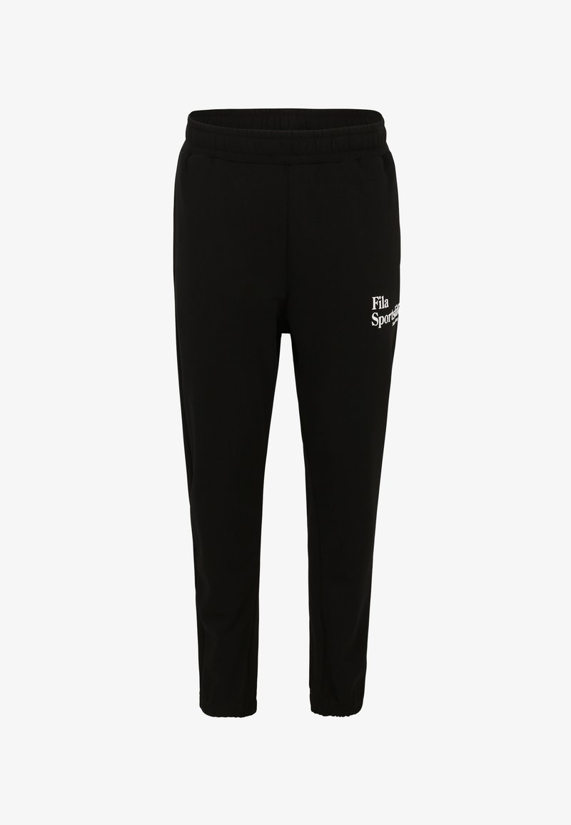 Schwarze Jogginghose mit elastischem Bund, schmal zulaufenden Beinen und einem kleinen weißen "Fila Sports"-Logo auf der linken Seite. Glatte Stoffstruktur.
