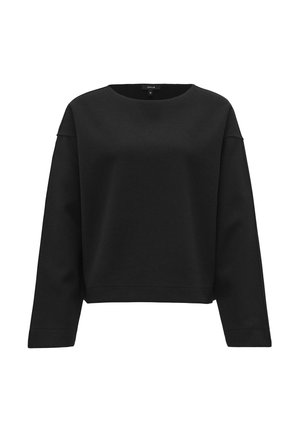 Sweatshirt noir à col rond avec manches longues, fabriqué en tissu doux, présentant une coupe décontractée et des détails de couture minimalistes.
