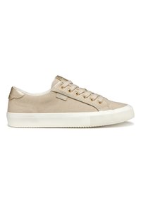 Beige lerretsneakers med hvit gummi såle, med gulltonede eyelets, snørelukking og polstret krage for komfort.