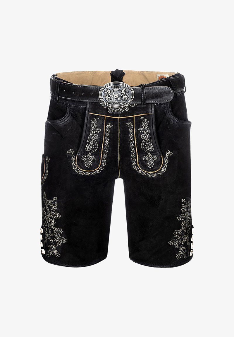 Černé kožené kraťasy s propracovanou bílou květinovou výšivkou, s opaskem a kovovou sponou, a bočními kapsami pro větší funkčnost.