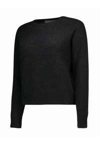 Maglione nero realizzato in tessuto morbido e strutturato. Presenta una scollatura rotonda e maniche lunghe, con un taglio leggermente corto e senza motivi visibili.