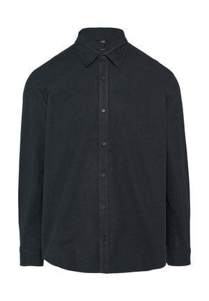 Chemise noire à boutons en tissu texturé. Dotée d'un col, de manches longues et d'un ourlet droit. Boutons sur le devant et aux poignets.