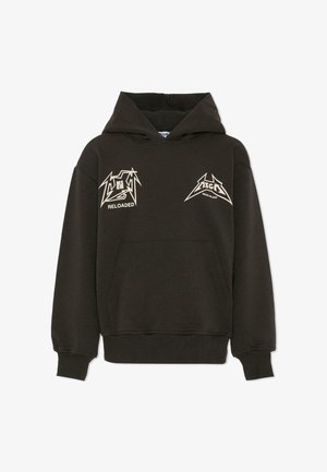 Zwarte hoodie van katoen. Voorzien van een voorzak, een capuchon met trekkoord en witte grafische tekst en logo's op de voorkant. Ribgebreide manchetten en zoom.