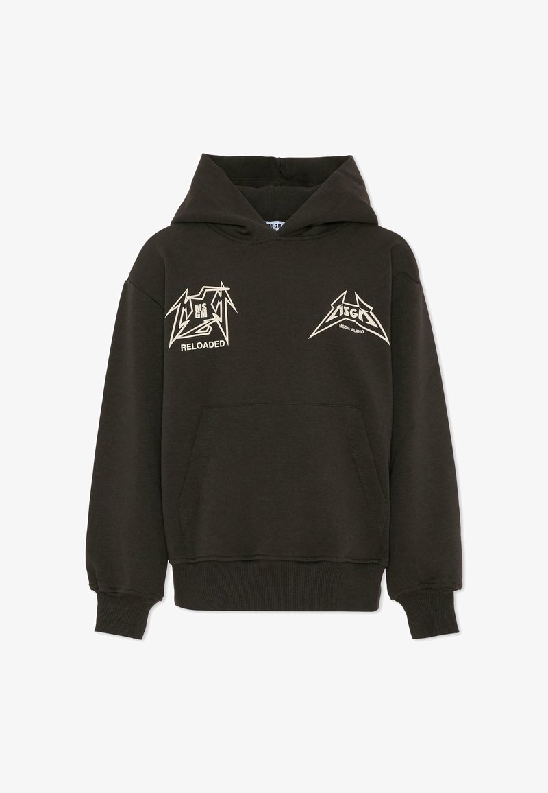 Czarna bluza z kapturem wykonana z bawełny. Posiada przednią kieszeń, sznurek do ściągania w kapturze oraz białe grafiki i napisy na przodzie. Ribbed cuffs and hem.