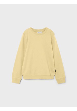 Hellgelbes Sweatshirt mit langen Ärmeln und Rundhalsausschnitt, mit gerippten Bündchen und Saum, flach auf einem hellgrauen Hintergrund ausgelegt.