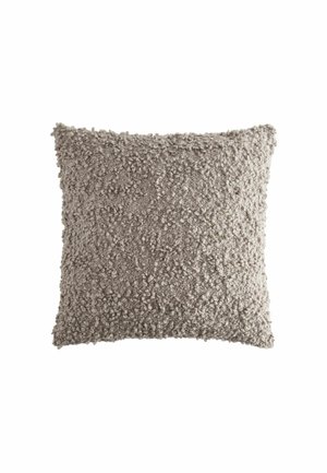 Square gray decorative pillow with soft, textured, looped fabric surface, creating a cozy and plush appearance.