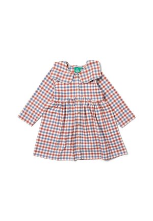 Karierter langärmeliger Kleid in Rot, Blau und Weiß mit Rundkragen und Knopfverschluss vorne, featuring eine geraffte Taille und einen schwingenden Rock.