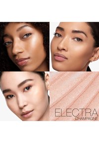 Gros plan sur les visages de trois femmes avec un maquillage de peau lumineux et mis en valeur, accompagné d'un échantillon de maquillage scintillant couleur champagne nommé Electra Champagne.