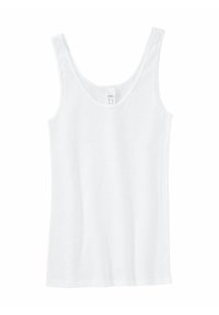 White sleeveless tank top with scoop neckline, made from soft cotton fabric, displayed on a plain white background.