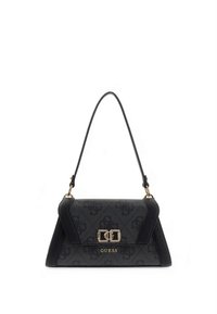 Black handbag with a structured design, logo pattern, gold-tone hardware, and a short handle. Features a distinct clasp closure.