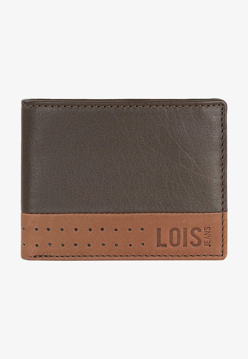 Cartera de cuero marrón oscuro con una franja perforada en color marrón claro. Presenta el texto en relieve "LOIS JEANS", costuras finas y un acabado texturizado.