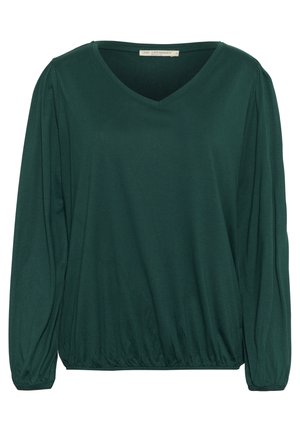 Zelený dlhý rukáv top s výstrihom do V, elastickým spodným okrajom a naťahovacími rukávmi, vyrobený z mäkkej, pružnej látky.