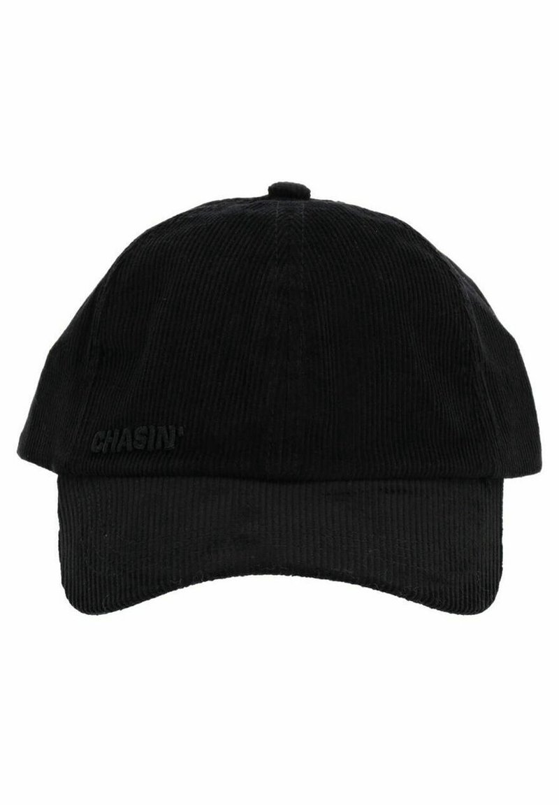 Casquette de baseball en velours côtelé noir avec une visière incurvée et un petit texte en relief "CHASIN'" sur le côté avant gauche.