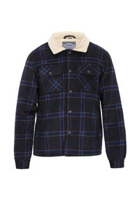 Flanneljakke med et marineblåt, grønt og rødt ternet mønster, fleeceforet krave, to brystlommer og trykknaplukning foran.