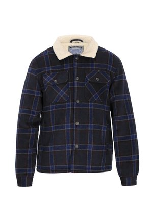 Jachetă din flanel cu un model in carouri bleumarin, verde și roșu, cu guler căptușit cu fleece, două buzunare la piept și închidere frontală cu nasturi tip snap.