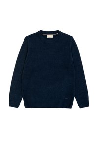 Granatowy sweter dzianinowy z okrągłym dekoltem, długimi rękawami i ściągaczami. Posiada teksturowane wykończenie oraz mały detal z logo na dolnym brzegu.