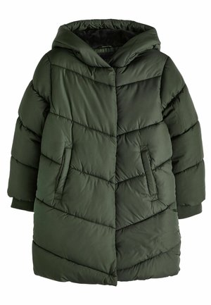 Donkergroene pufferjas met een capuchon, voorzien van een chevronpatroon, twee voorzakken en geribde manchetten voor extra warmte.
