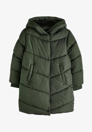 Giacca a vento verde scuro con cappuccio, caratterizzata da un motivo a chevron, due tasche frontali e polsini a costine per un calore aggiuntivo.