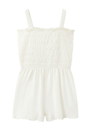 Combinaison blanche sans manches avec corsage smocké, bretelles droites et ourlet à festons sur le short.