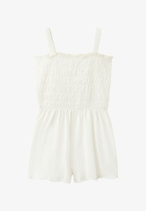 Combinaison blanche sans manches avec corsage smocké, bretelles droites et ourlet à festons sur le short.