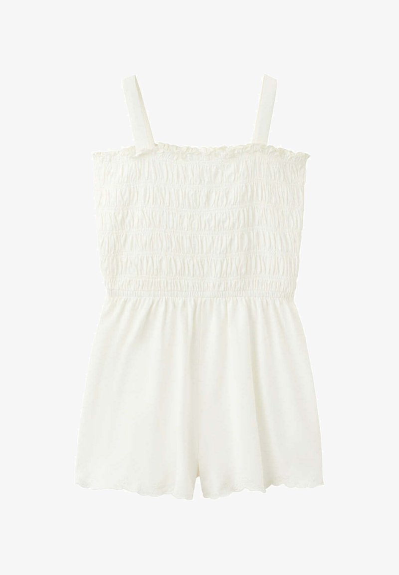 Combinaison blanche sans manches avec corsage smocké, bretelles droites et ourlet à festons sur le short.