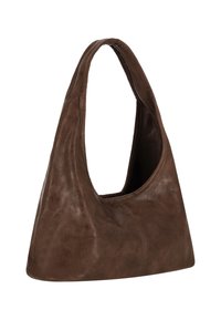 Bolso de hombro de cuero marrón con un diseño curvo y relajado, y una gran apertura superior. Presenta una textura suave y detalles mínimos de costura.