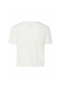 Vit t-shirt med kort ärm, mjuk textur, fyrkantig form, enkel design, med en liten nacketikett på baksidan.