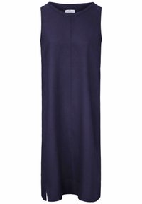 Ärmelloses Kleid aus Leinenstoff in Marineblau, mit rundem Halsausschnitt, gerader Silhouette und seitlichen Schlitzen für Bewegungsfreiheit. Minimalistisches Design.