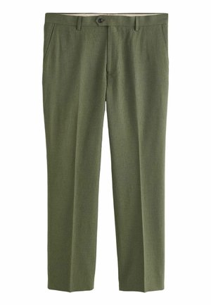 Męskie spodnie slim fit w kolorze oliwkowej zieleni z bocznymi kieszeniami, przednim guzikiem i szlufkami na pasek.