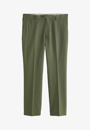 Pantalon slim pour homme vert olive avec poches latérales, bouton à l'avant et passants de ceinture.