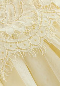 Koori pitsakiri lillemustriga, millel on keerukad tikitud detailid ja franjeeritud servad, kihiline sileda, läbipaistva aluse peal.