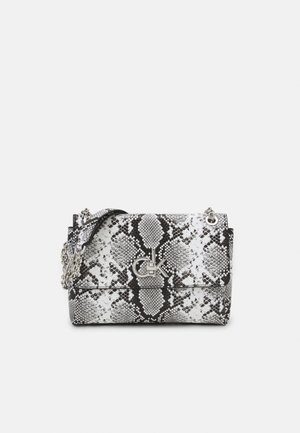 Black and white snakeskin-patterned crossbody bag with a silver chain strap and a logo detail on the front flap. Smooth texture.