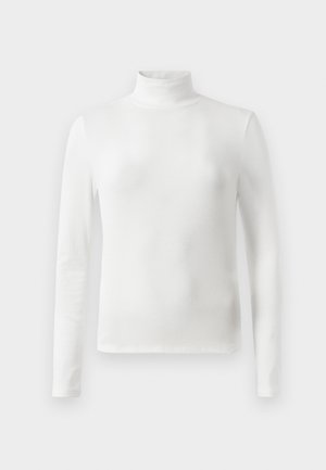 White turtleneck long-sleeve top made of ribbed fabric, with a slim fit and minimalistic design. No visible patterns or accents.