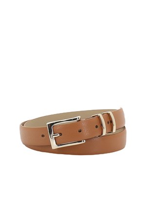 Light brown leather belt with a silver rectangular buckle and matching belt loops, coiled on a white background.