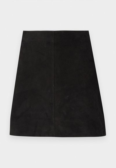 Black suede mini skirt featuring a simple straight cut, smooth texture, and a center seam detail. No visible hardware or embellishments.