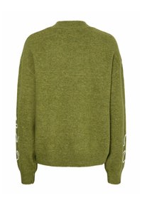 Pull vert tricoté avec un col rond et des manches longues. Il présente un tissu texturé et un détail imprimé blanc le long de la manche.