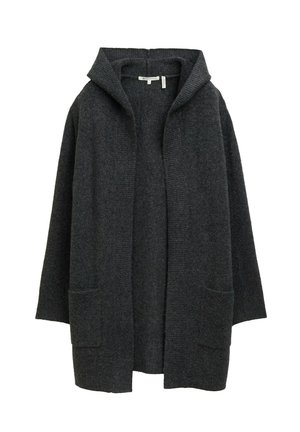 Donkergrijze gebreide cardigan met capuchon, voorzien van geribde manchetten en twee voorzakken. Zachte textuur, open voorkant ontwerp en losse pasvorm.