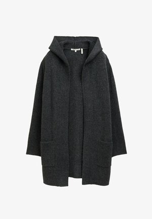 Dunkelgrauer Strickcardigan mit Kapuze, ausgestattet mit gerippten Bündchen und zwei Vordertaschen. Weiche Textur, offenes Design und lässige Passform.