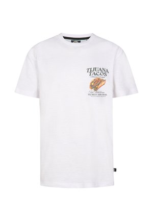 Wit katoenen T-shirt met korte mouwen, ronde halslijn en een bedrukt ontwerp met taco's en tekst aan de linkerborst.