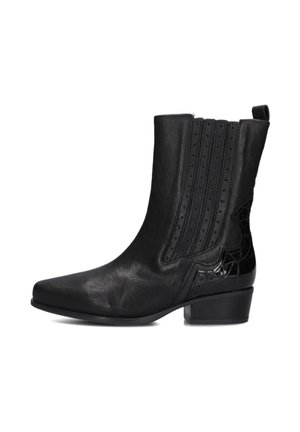 Black ankle boot made of smooth leather with ridged detailing, pointed toe, and a low block heel. Features glossy patent accents.