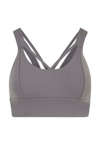 Gray sports bra featuring a smooth texture, wide band, and crisscross straps at the back. Simple design with no additional patterns or hardware.