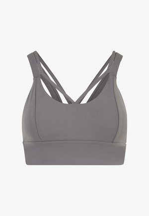 Grijze sportbh met een gladde textuur, brede band en crisscross banden op de rug. Eenvoudig ontwerp zonder extra patronen of hardware.