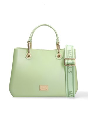 Light green handbag with two rounded handles, gold hardware, and a detachable adjustable strap with "Marc Ellis" text.