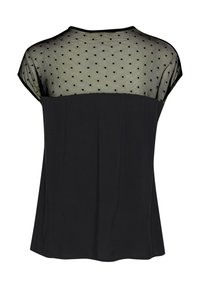 Haut noir avec une partie supérieure en tulle transparent à pois et une partie inférieure noire unie, doté d'un col rond et de manches courtes.