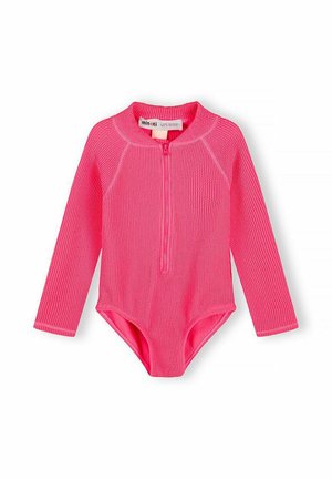 Jasnoróżowy, długi rękaw, teksturowany strój kąpielowy z przednim zamkiem błyskawicznym i okrągłym dekoltem, zaprojektowany dla dzieci.