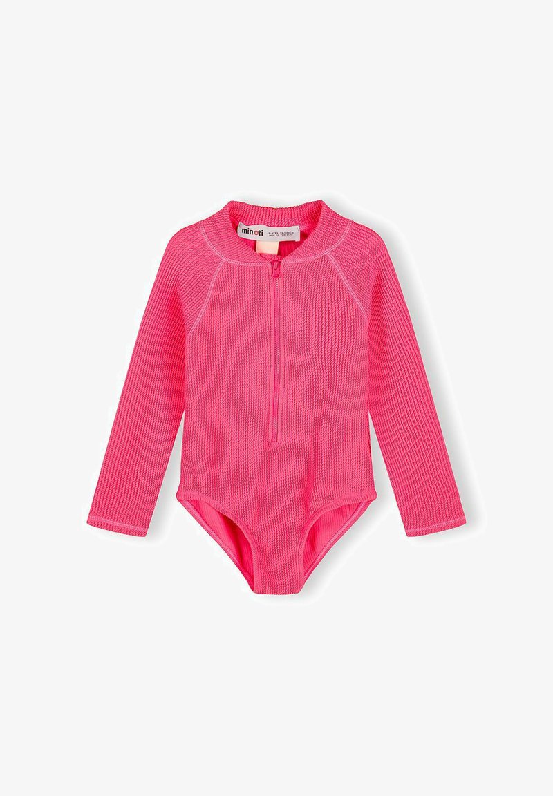 Maillot de bain texturé à manches longues de couleur rose vif avec fermeture éclair sur le devant et col rond, conçu pour les enfants.