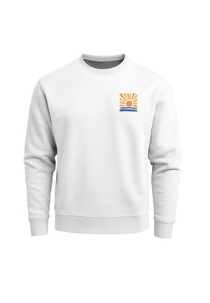 Weißer Sweatshirt mit Rundhalsausschnitt und gerippten Bündchen. Auf der linken Brust befindet sich ein farbenfrohes Grafikdesign mit Sonne und Welle. Weicher Stoff.