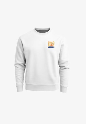 White sweatshirt with a round neckline and ribbed cuffs. Features a colorful sun and wave graphic on the left chest. Soft fabric texture.