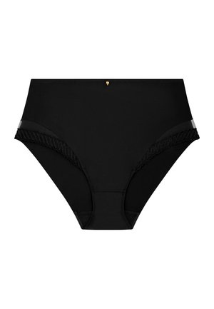 Culotte noire taille haute pour femme avec bordure en dentelle aux ouvertures des jambes et petit charm décoratif doré au centre de la ceinture.